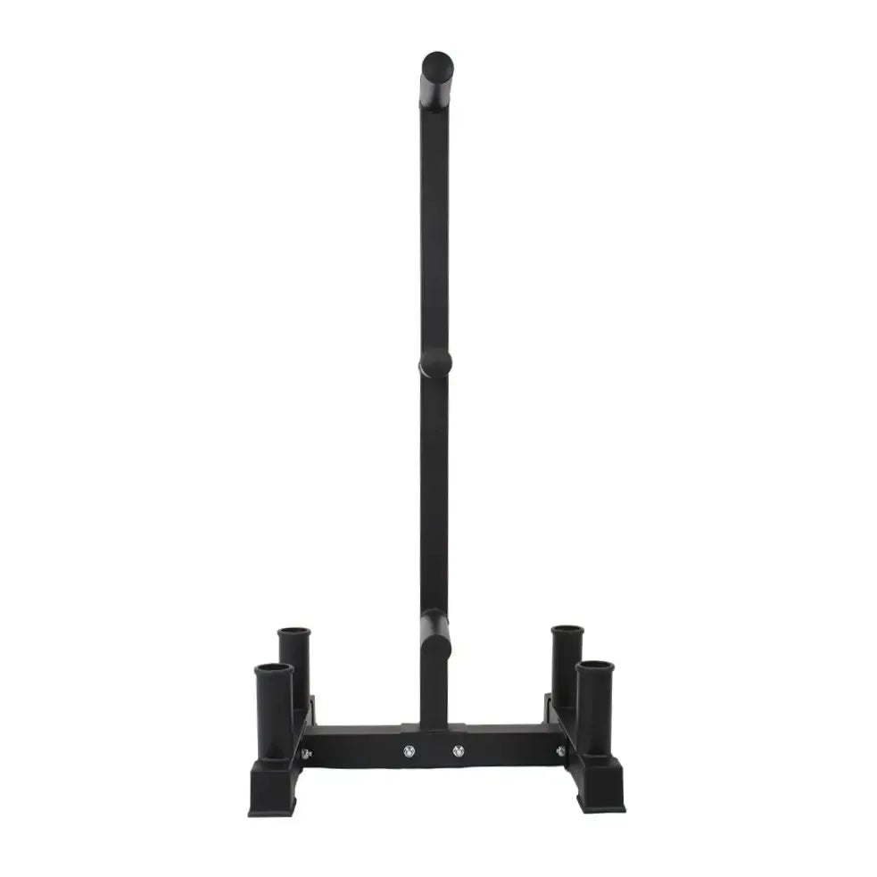 Side view of a bumper plate tree with bar holders on a white background.