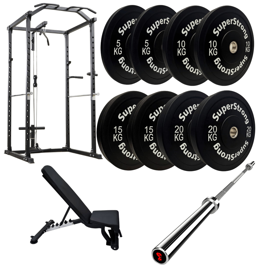 100kg Black Bumper Plate Set with Cable Squat Rack & 7FT Barbell