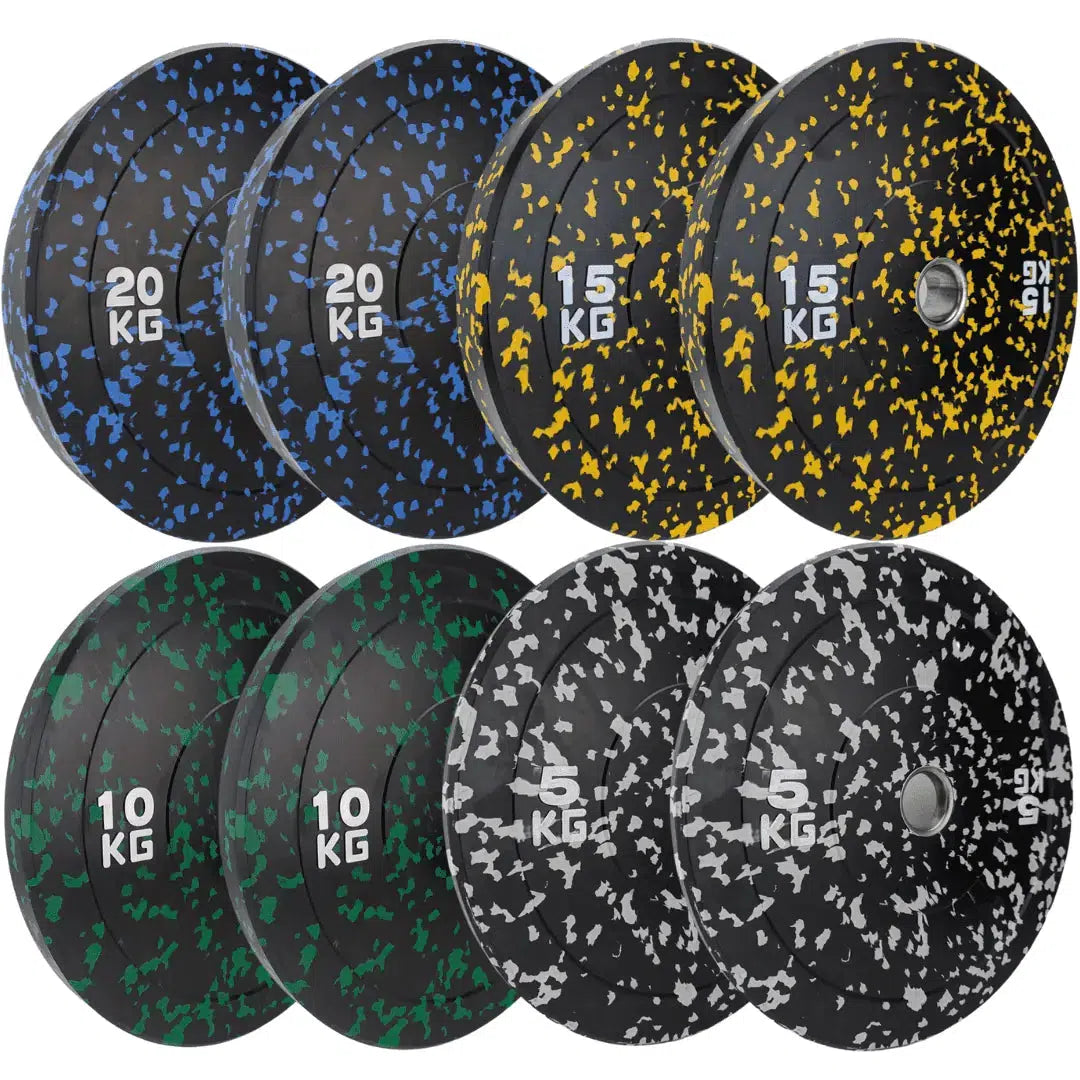 Image of 100kg set of clour flacked bumper weight plates on a white background