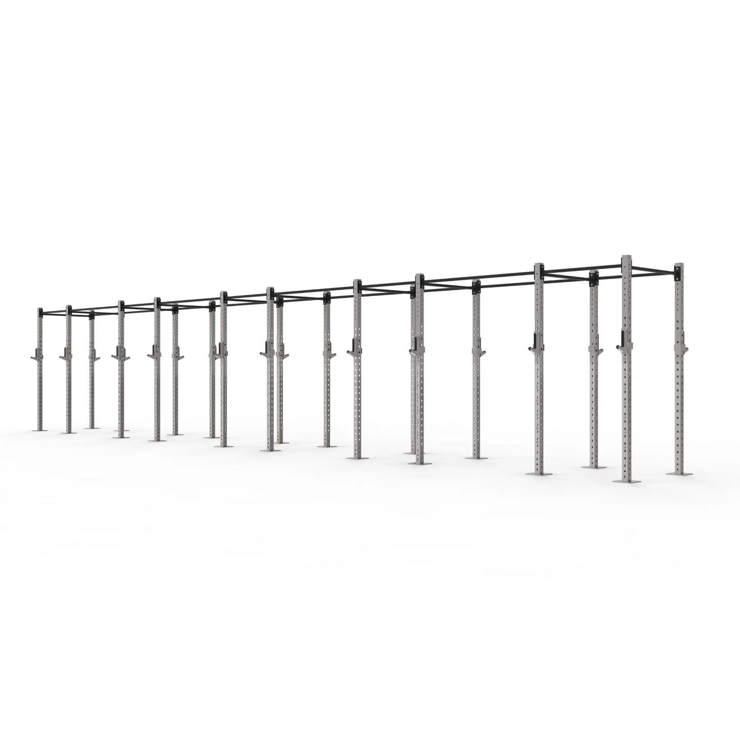 Freestanding stainless steel gym rig with 10 squat bays.