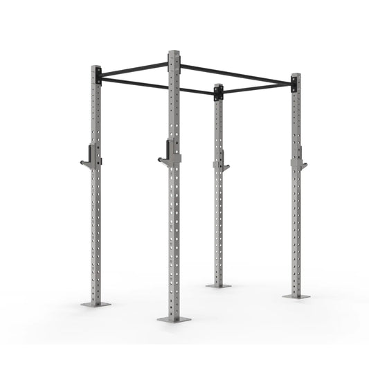 Stainless steel fitness rack on a white background