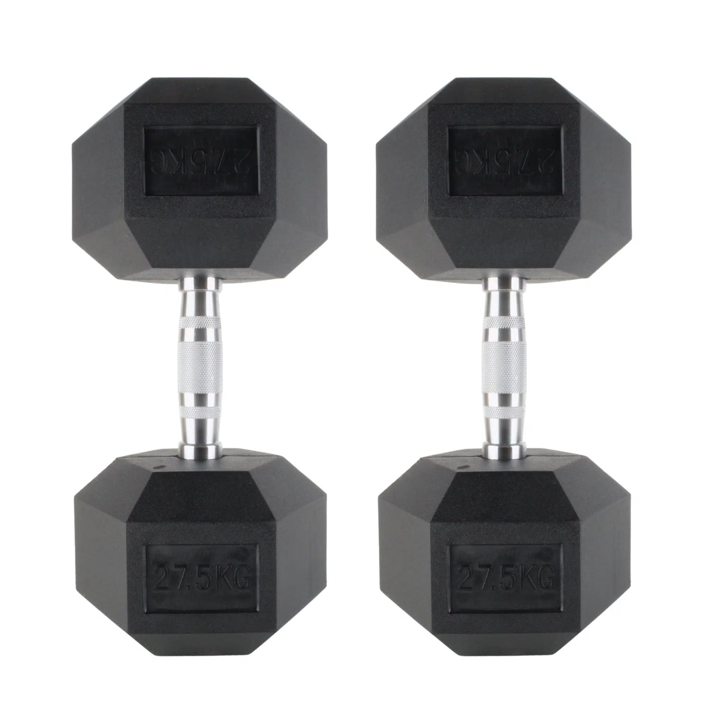 Photo of 27.5kg dumbbells on white background