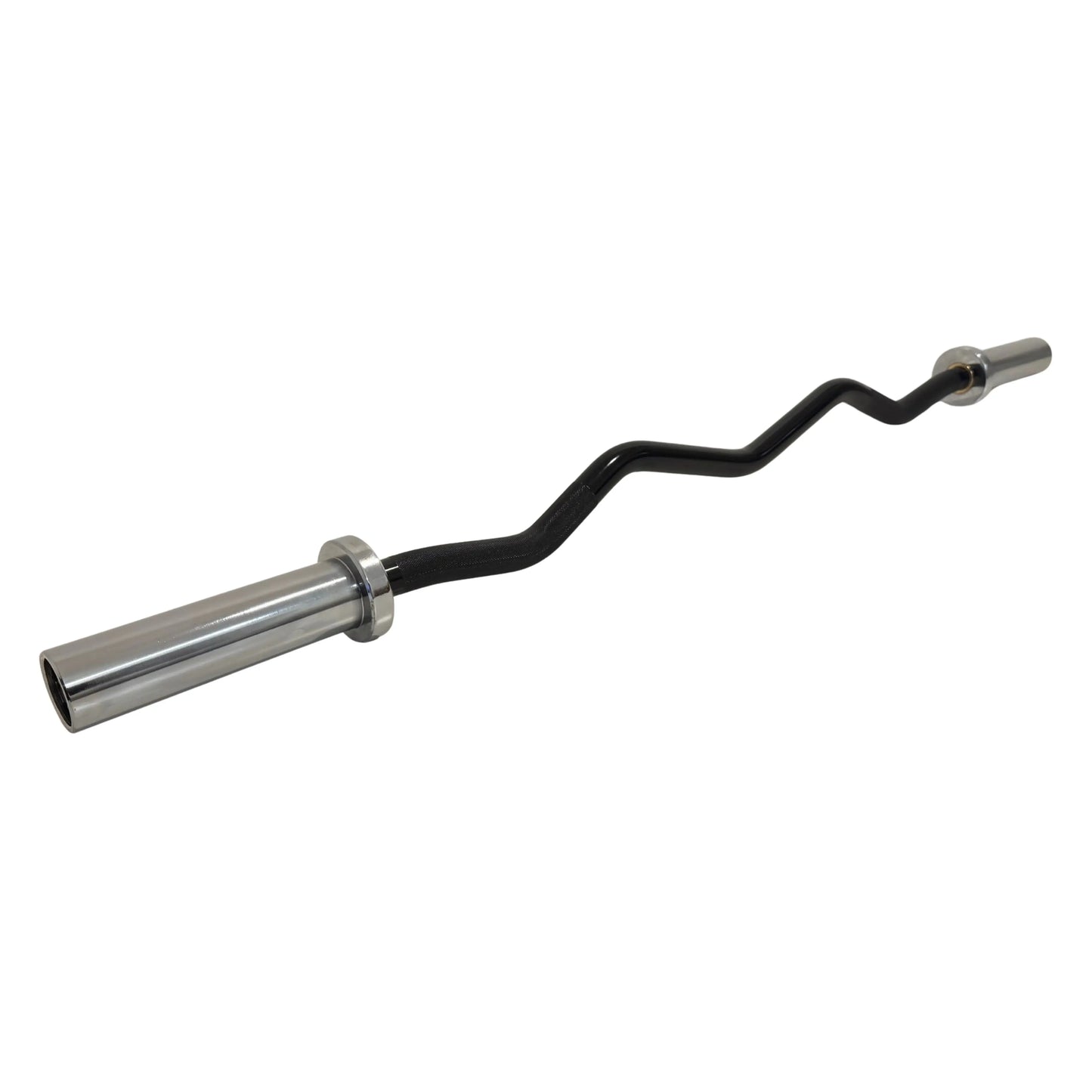 Image of an EZ Curl Bar with a black grip and chrome sleeves and a white background.