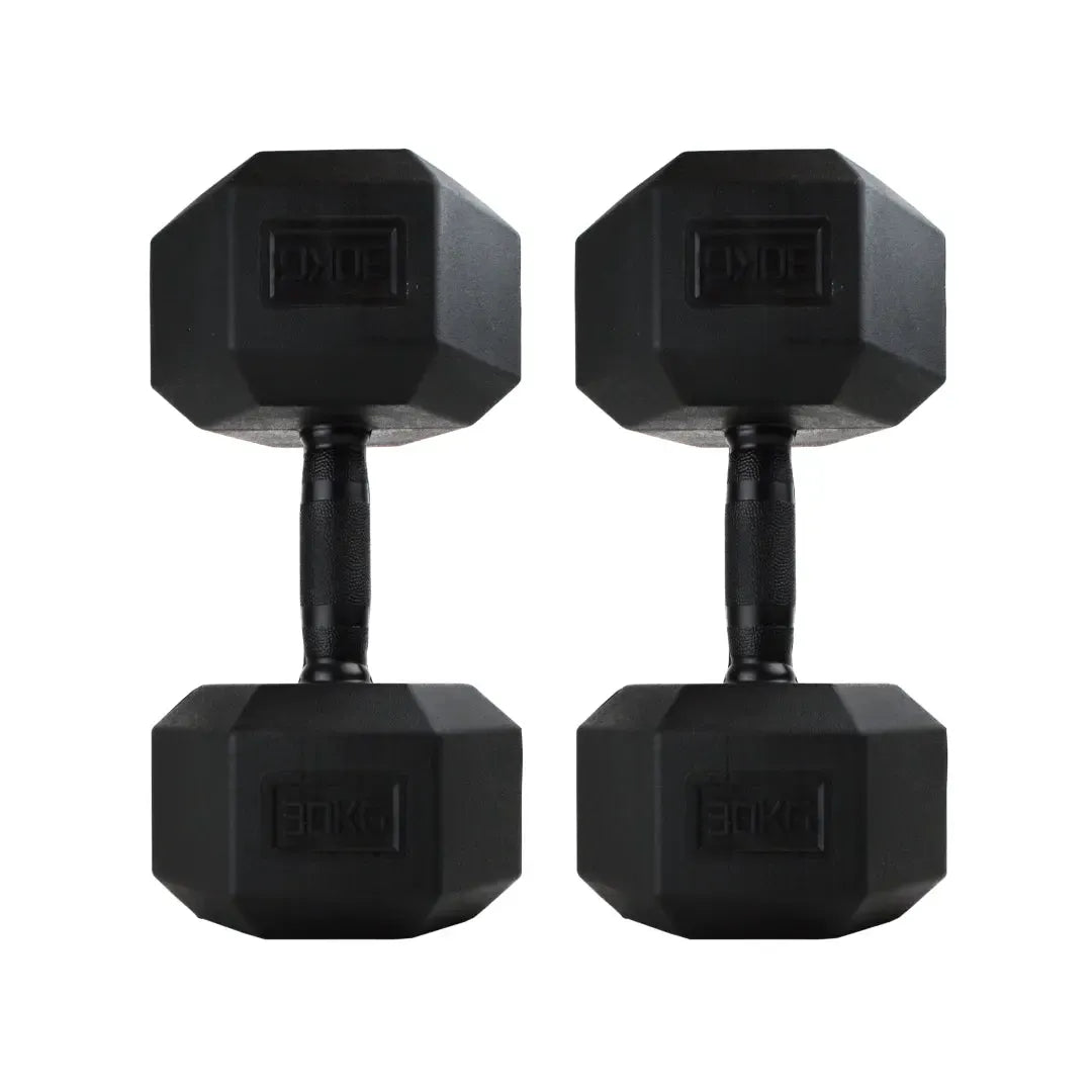 Pair of 30kg black hexagonal dumbbells on a white background