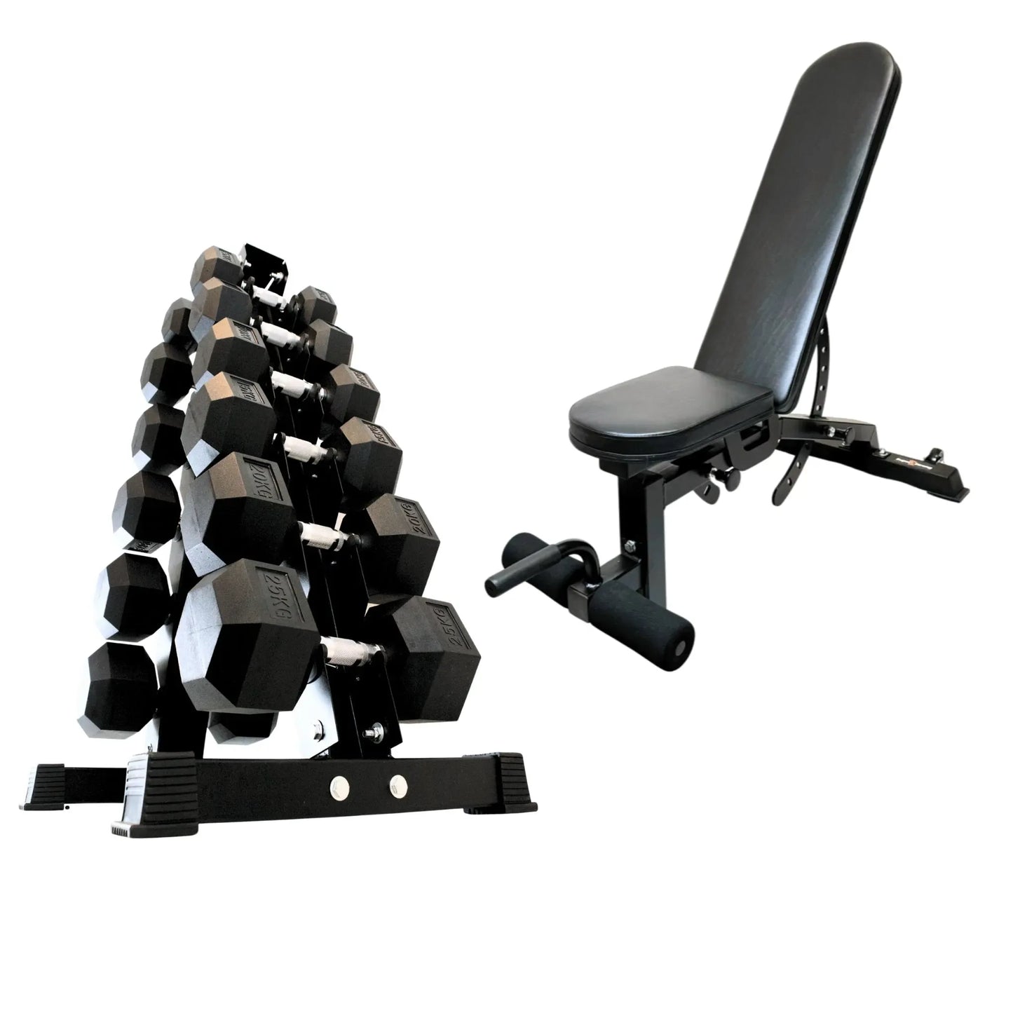 5kg to 25kg dumbbell set with tree rack and incline/decline weight bench bundle on a white background.