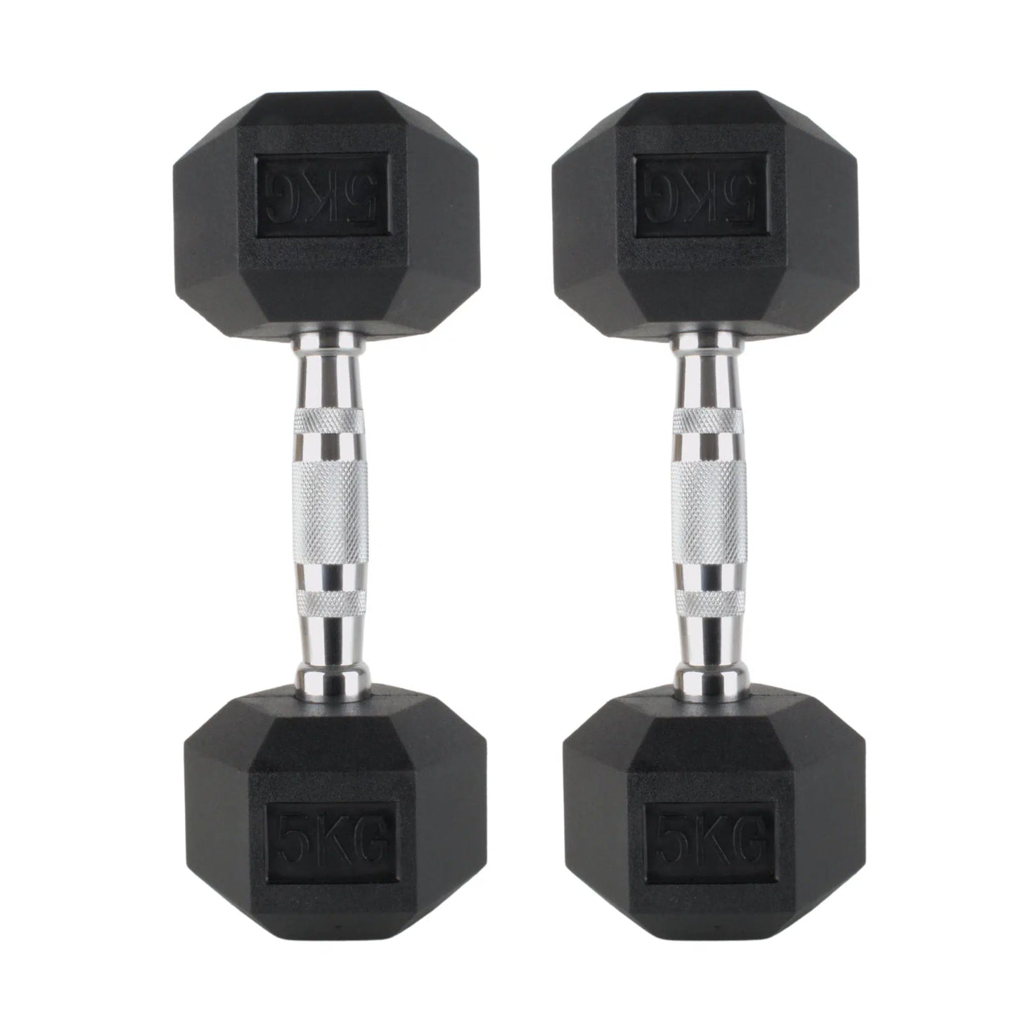 Photo of 5kg Hex dumbbells on white background