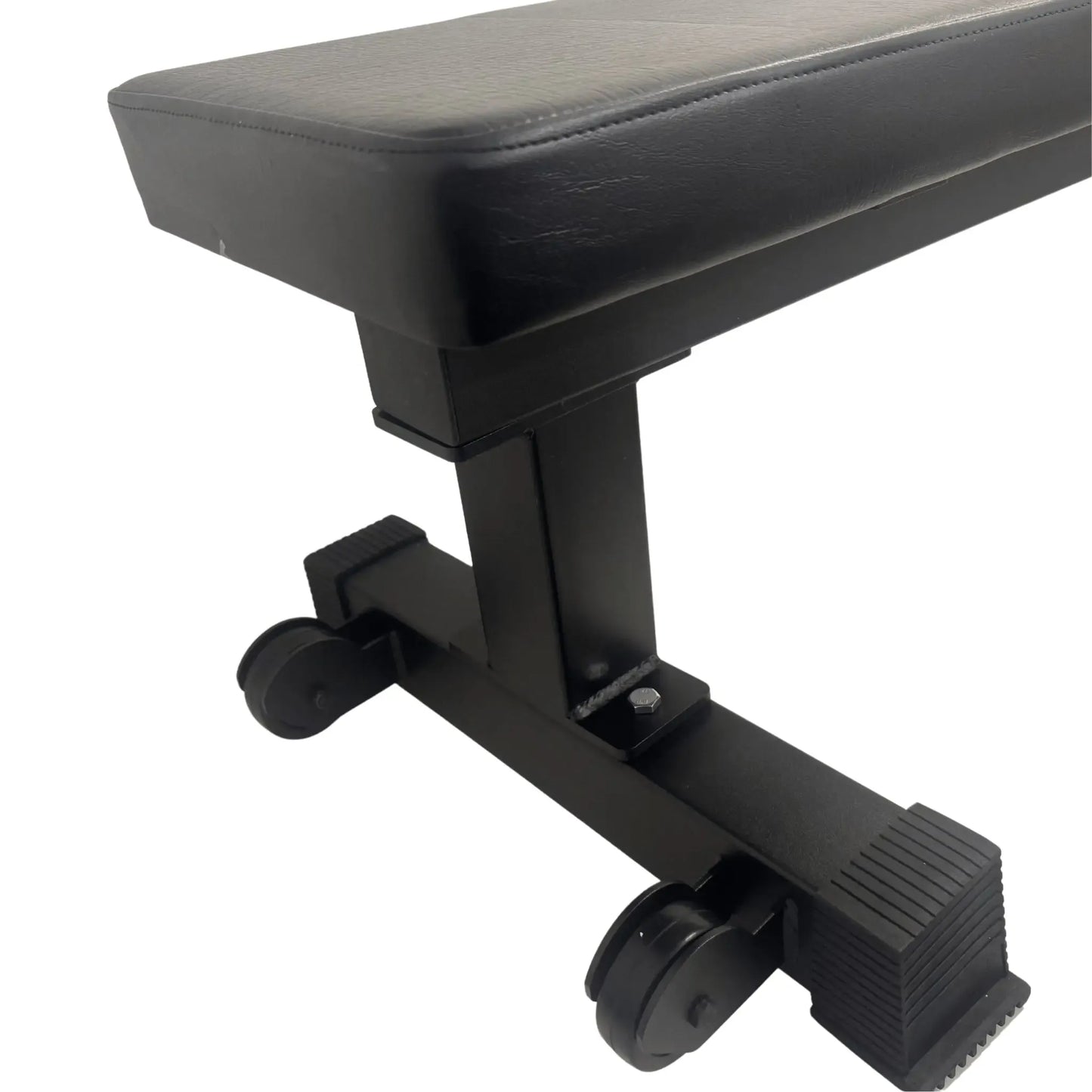 Close-up of the flat bench end showing the wheels and heavy steel.