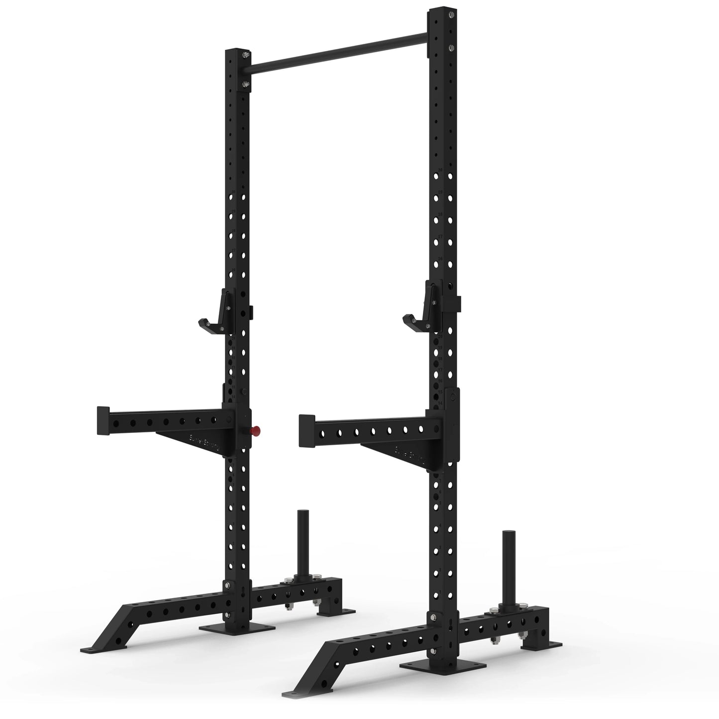 Black commercial squat rack on a white background.