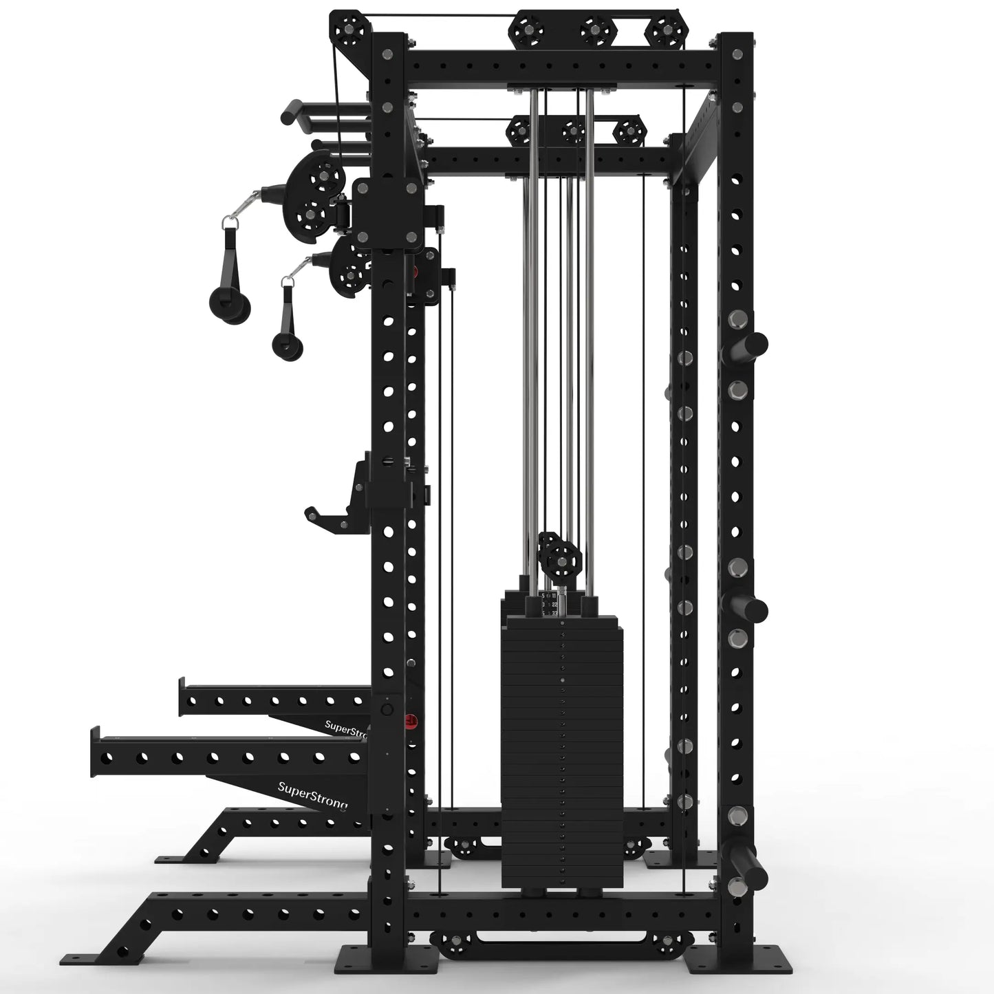 Side view of a short half rack with cable pulley machine.