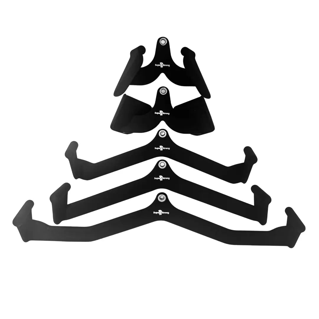 Set of grips for a cable machine on a white background.