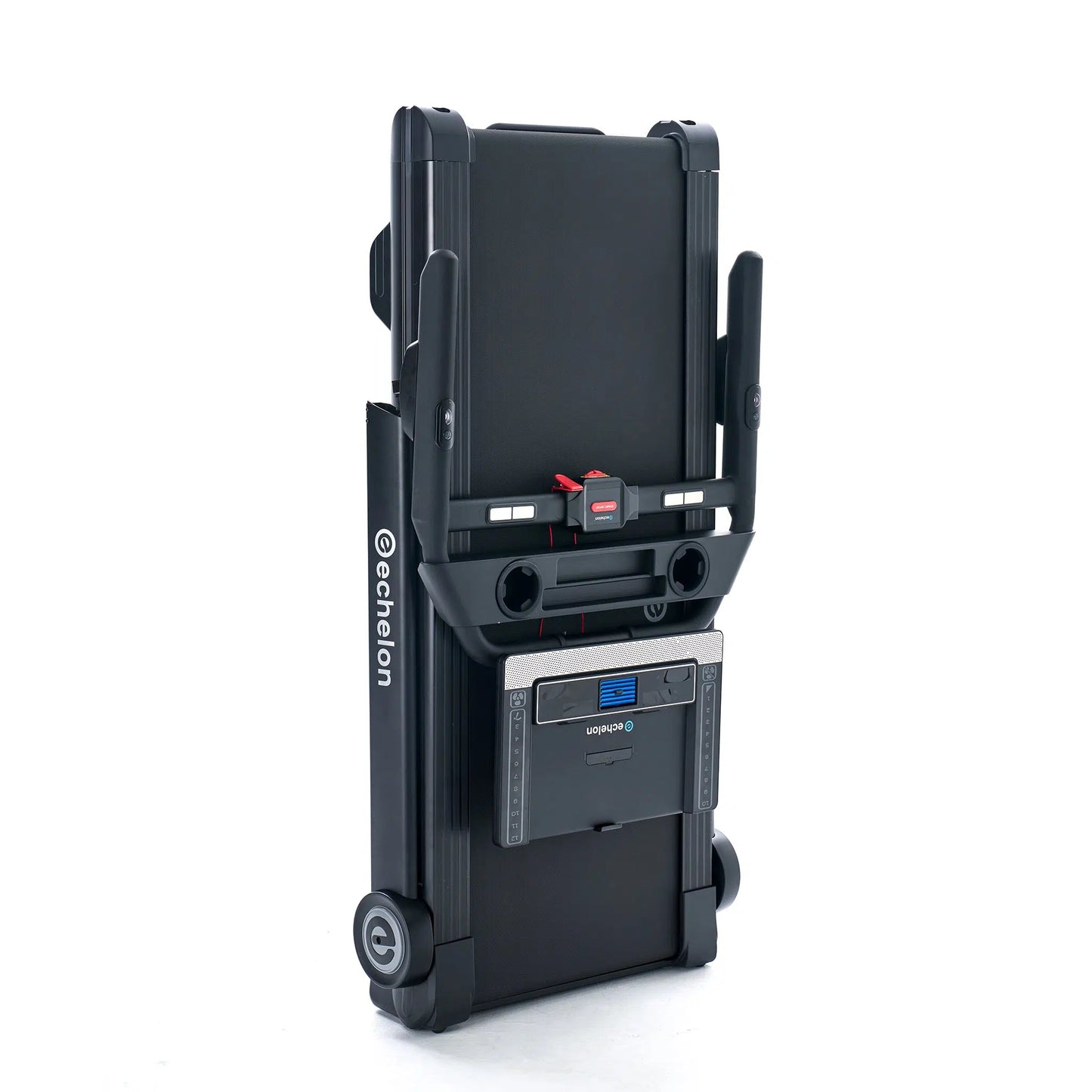 Product image of the echelon stride 6 treadmill in the fold position on a white background.