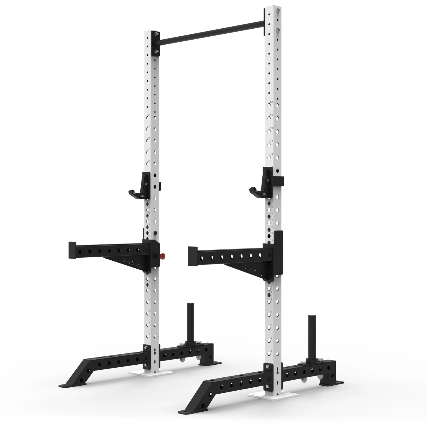 White commercial-grade freestanding squat rack with black spotter arms and black J-hooks on a white back route.