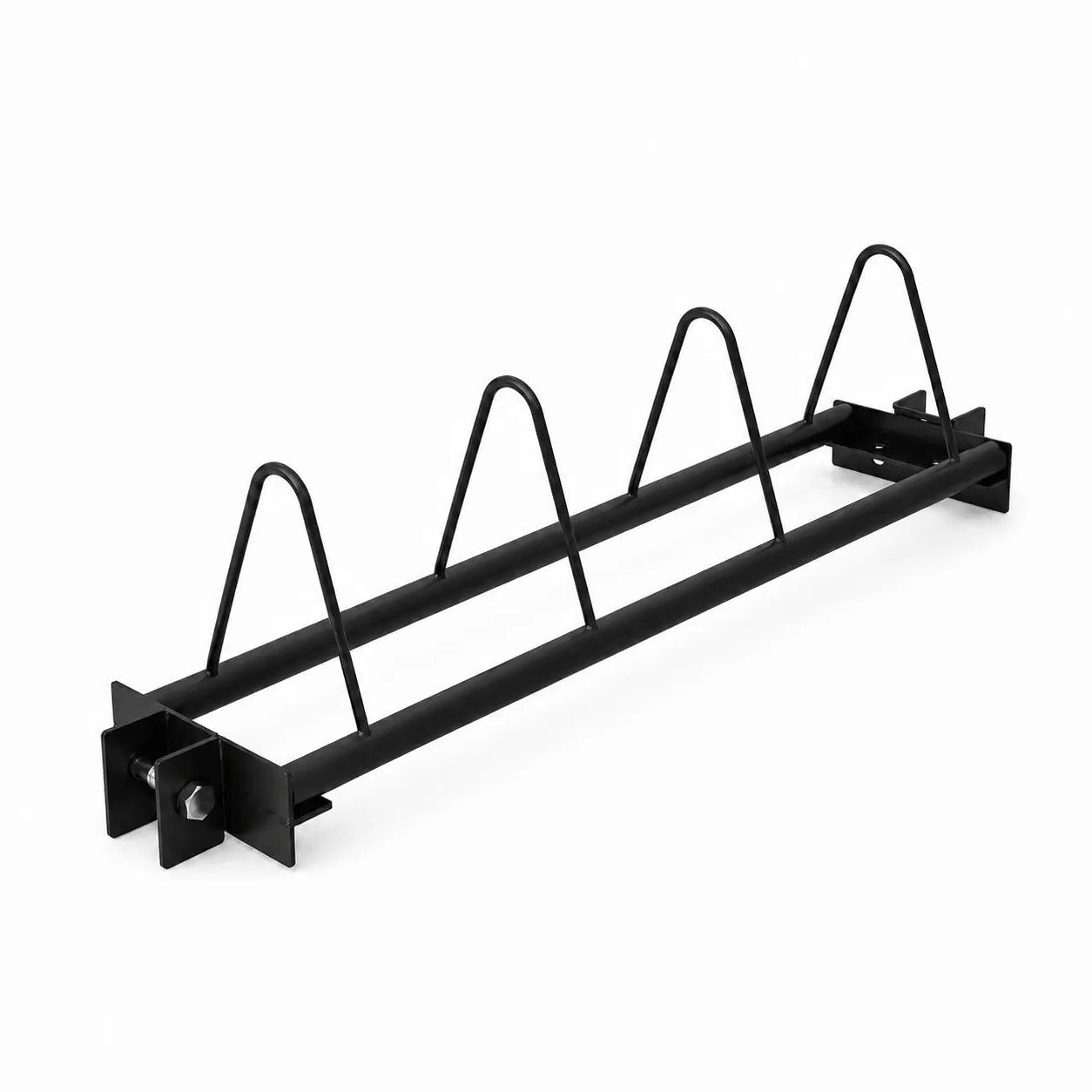 A black metal bike rack with five uprights and mounting brackets on both ends, shown on a plain white background.