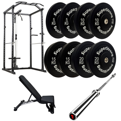 100kg Black Bumper Plate Set with Cable Squat Rack & 7FT Barbell