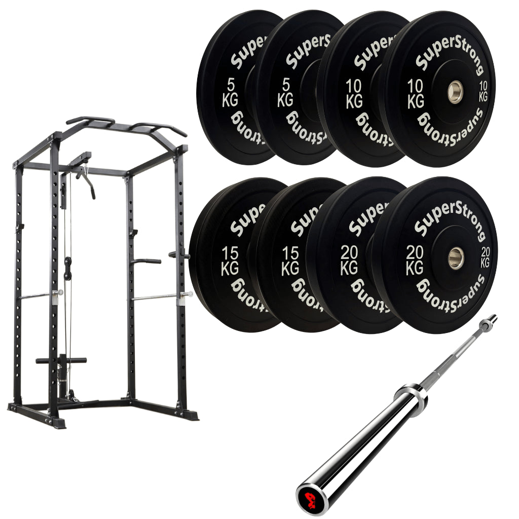100kg Black Bumper Plate Set with Cable Squat Rack & 7FT Barbell