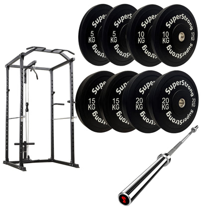 100kg Black Bumper Plate Set with Cable Squat Rack & 7FT Barbell