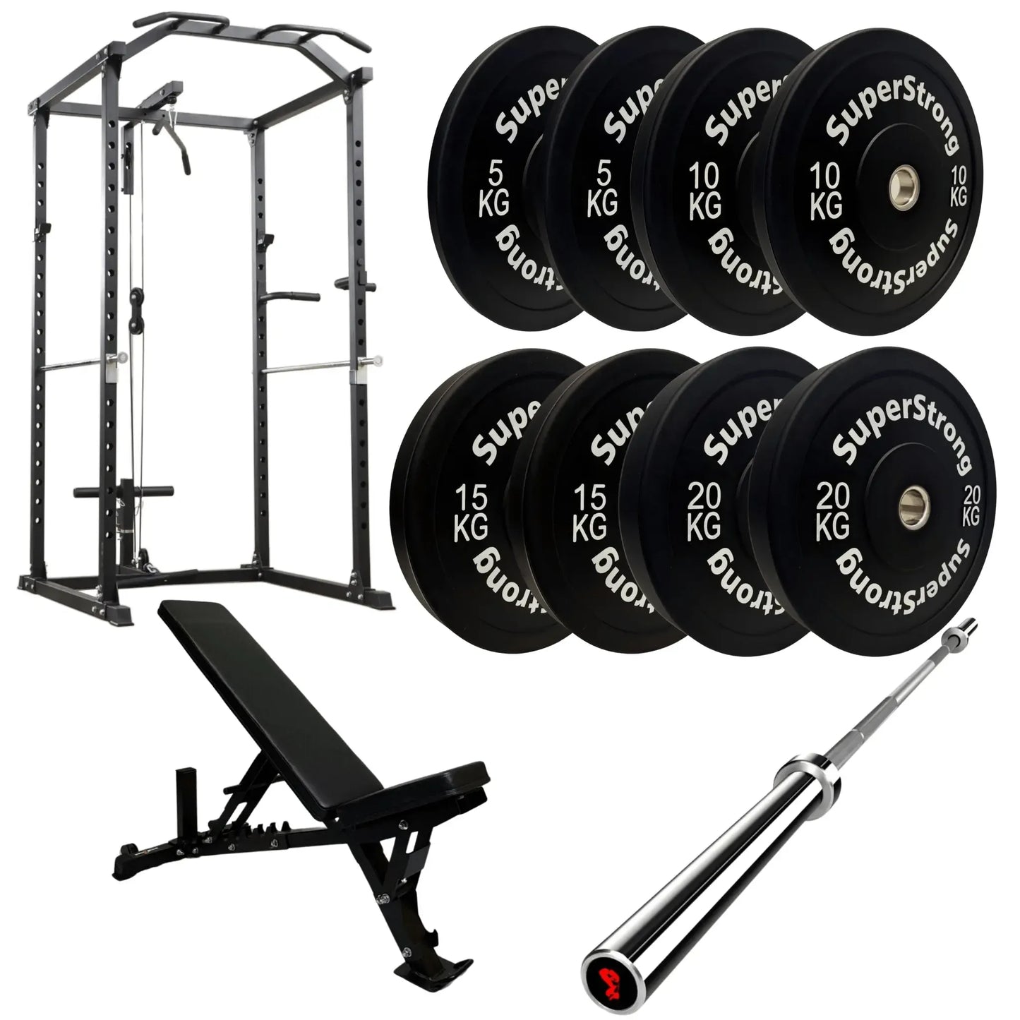 100kg Black Bumper Plate Set with Cable Squat Rack & 7FT Barbell