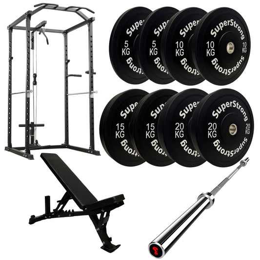 100kg Black Bumper Plate Set with Cable Squat Rack & 7FT Barbell