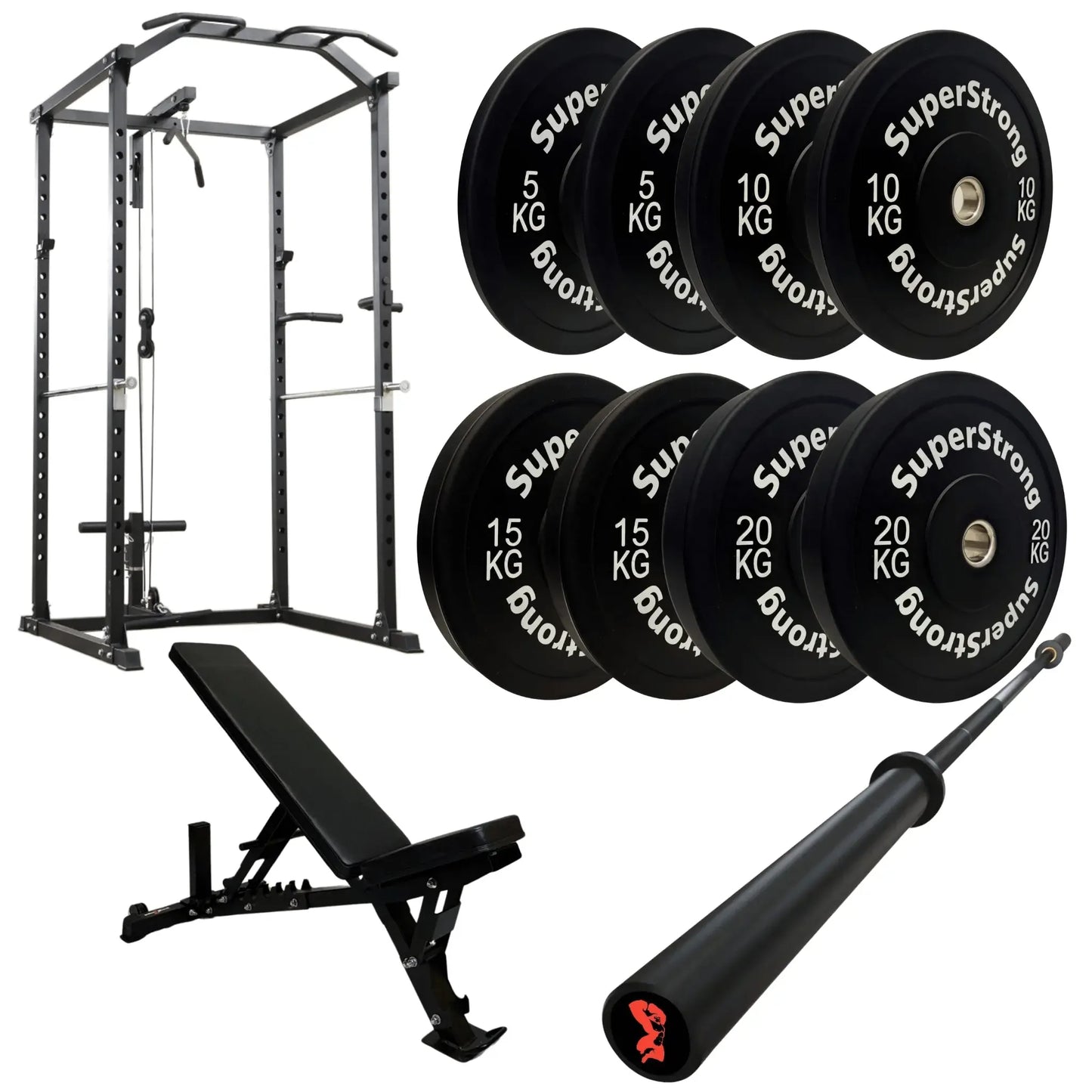 100kg Black Bumper Plate Set with Cable Squat Rack & 7FT Barbell