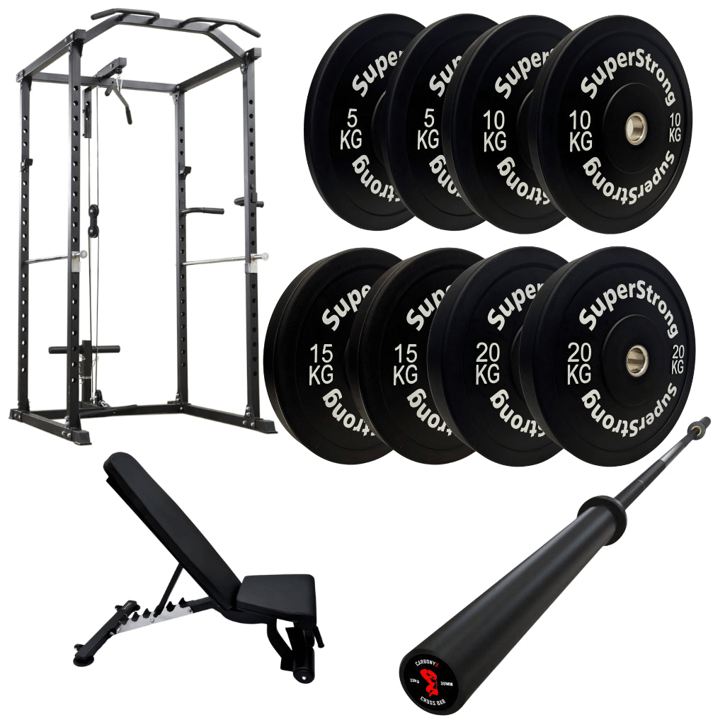 100kg Black Bumper Plate Set with Cable Squat Rack & 7FT Barbell