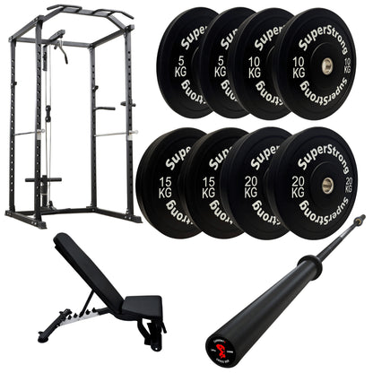 100kg Black Bumper Plate Set with Cable Squat Rack & 7FT Barbell