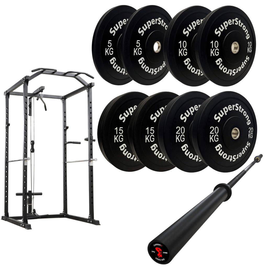 100kg Black Bumper Plate Set with Cable Squat Rack & 7FT Barbell