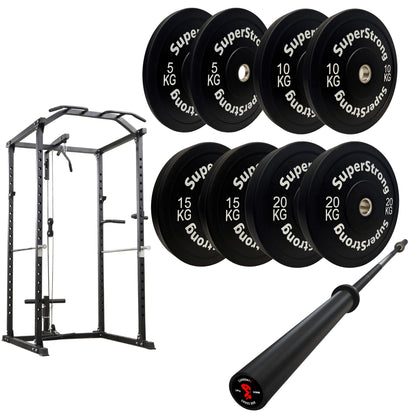 100kg Black Bumper Plate Set with Cable Squat Rack & 7FT Barbell