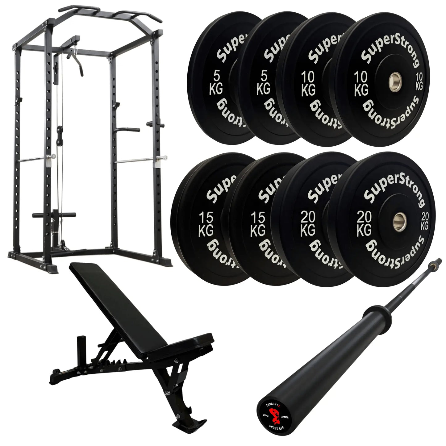 100kg Black Bumper Plate Set with Cable Squat Rack & 7FT Barbell