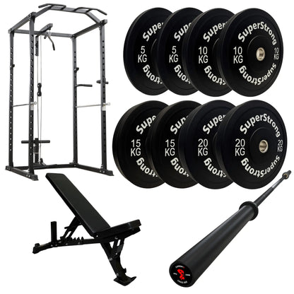 100kg Black Bumper Plate Set with Cable Squat Rack & 7FT Barbell