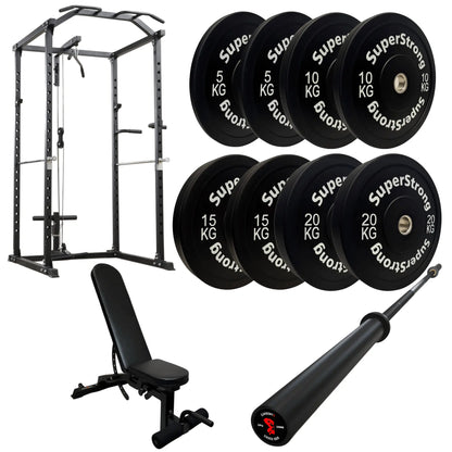 100kg Black Bumper Plate Set with Cable Squat Rack & 7FT Barbell