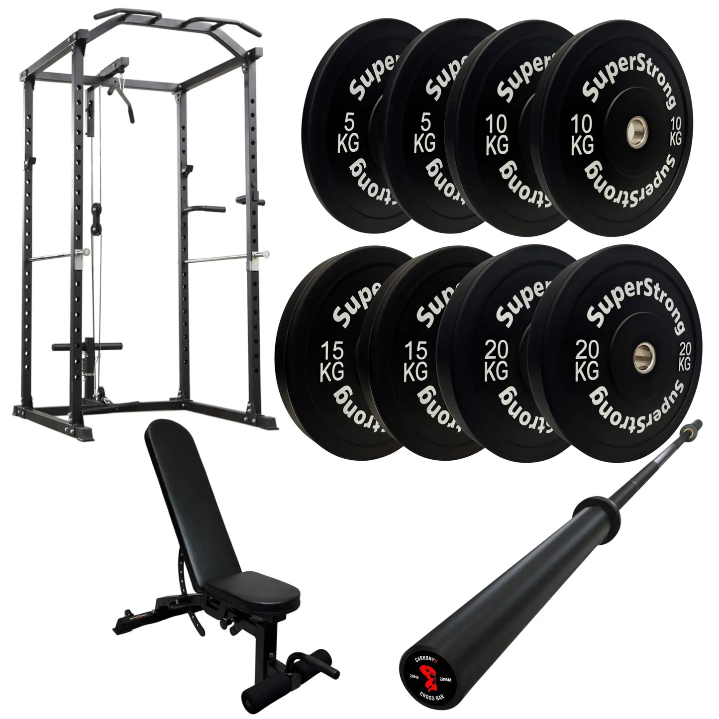 100kg Black Bumper Plate Set with Cable Squat Rack & 7FT Barbell