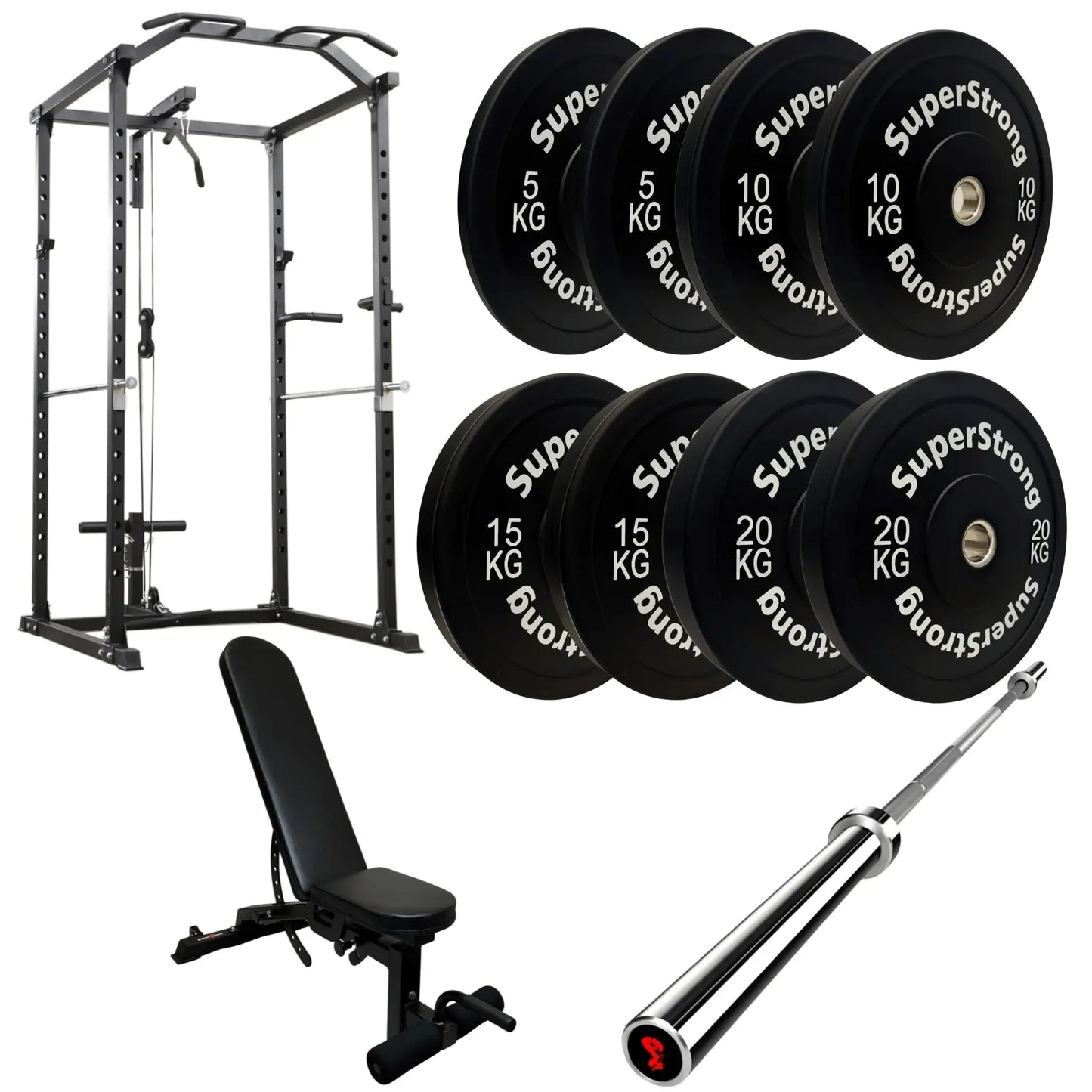 100kg Black Bumper Plate Set with Cable Squat Rack & 7FT Barbell