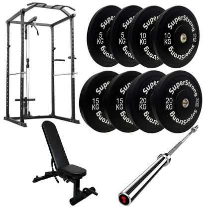 100kg Black Bumper Plate Set with Cable Squat Rack & 7FT Barbell