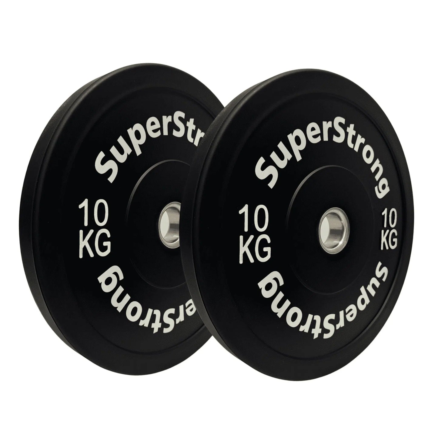 A set of black rubber bumper plates with white text indicating the weight in kilograms. The plates are designed for weightlifting and have a thick rubber construction.