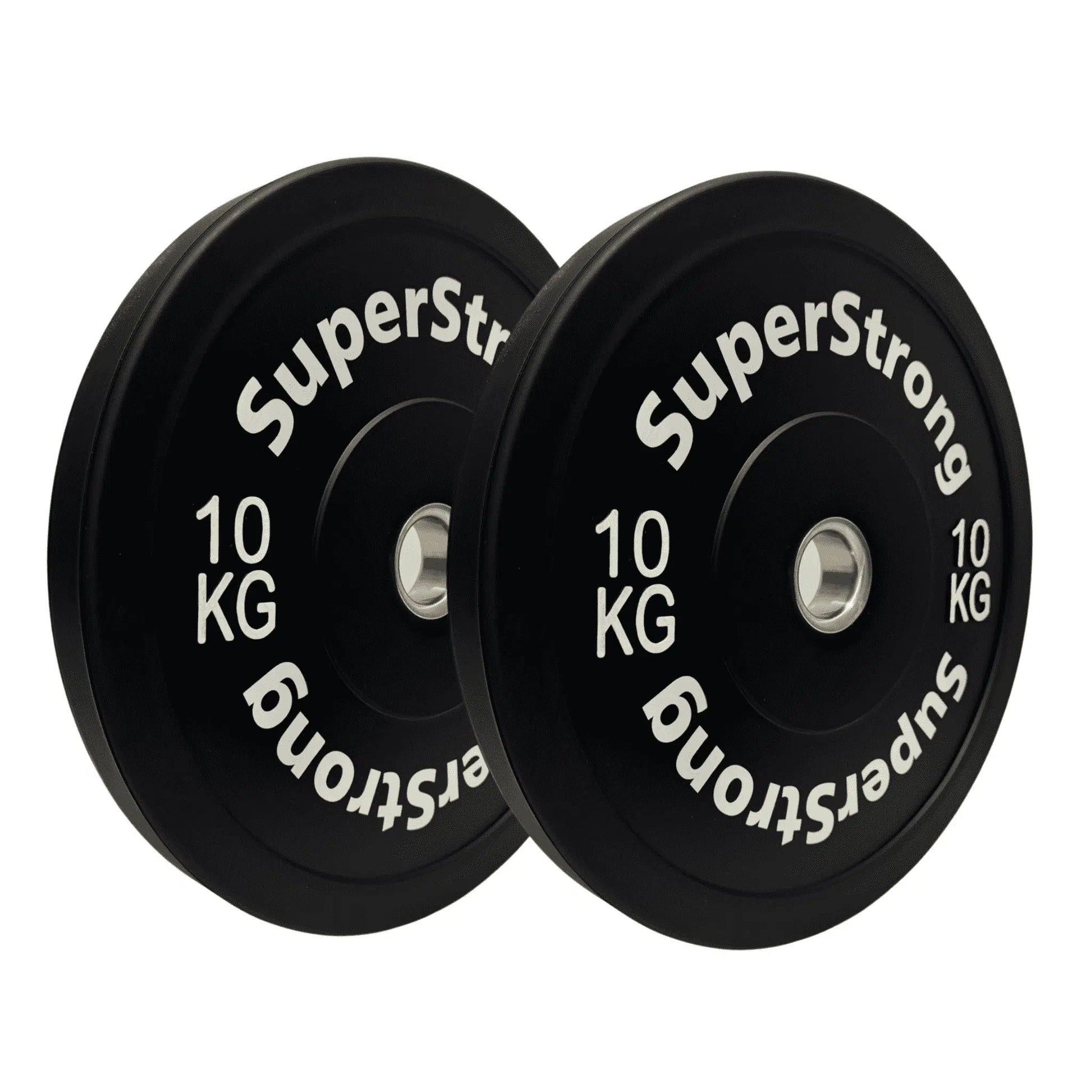 A set of black rubber bumper plates with white text indicating the weight in kilograms. The plates are designed for weightlifting and have a thick rubber construction.