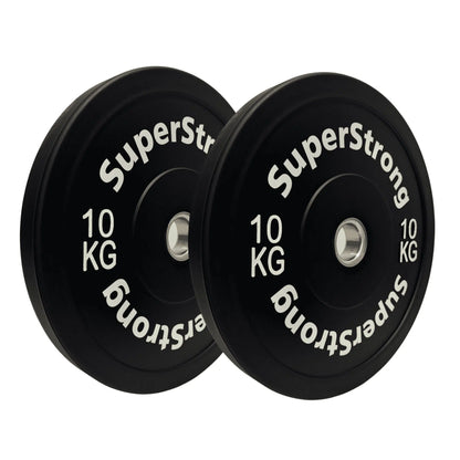 A set of black rubber bumper plates with white text indicating the weight in kilograms. The plates are designed for weightlifting and have a thick rubber construction.