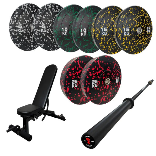 110 kg bumper plate set with black barbell and wreand bench.