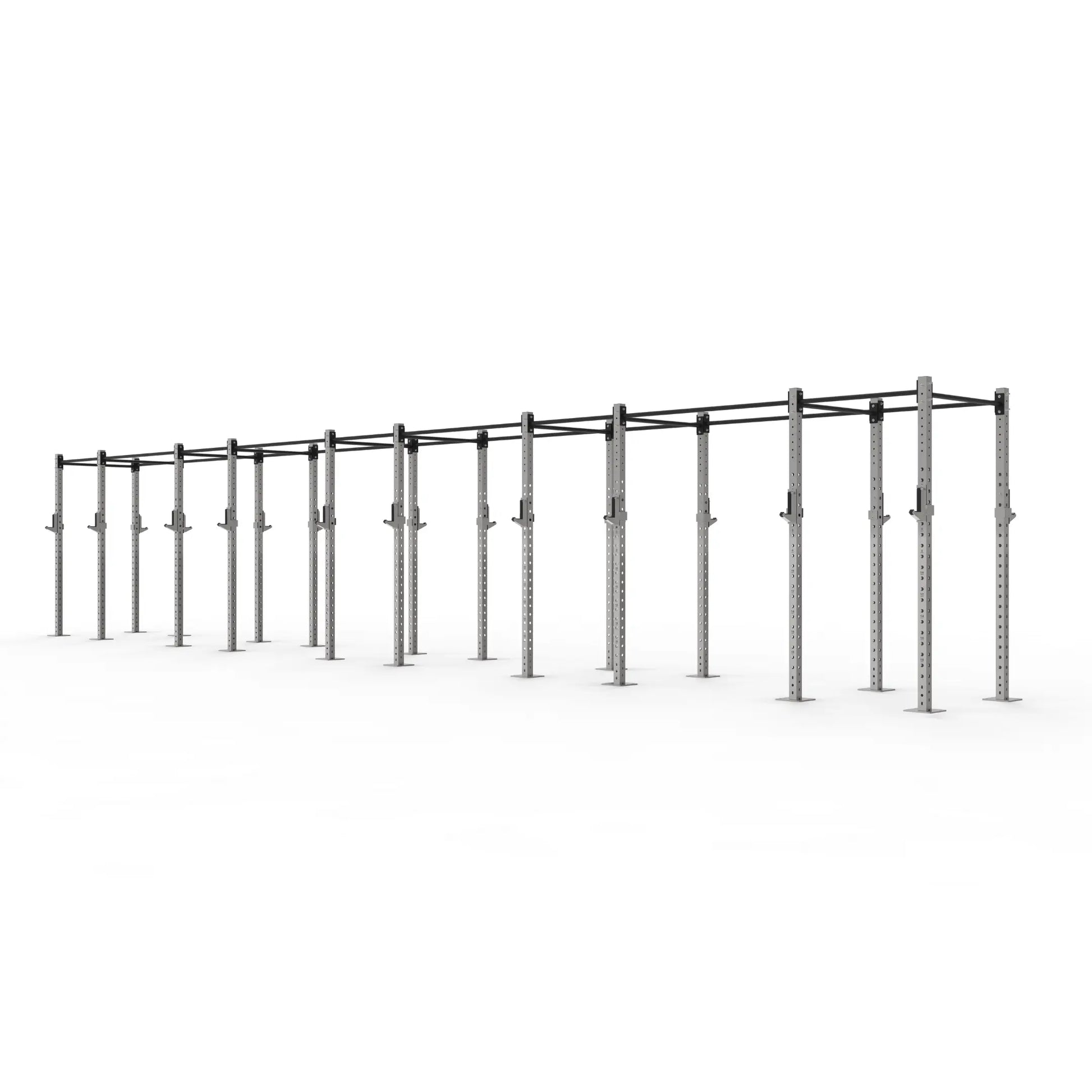 Freestanding stainless steel gym rig with 10 squat bays.