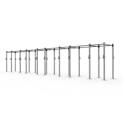 Freestanding stainless steel gym rig with 10 squat bays.