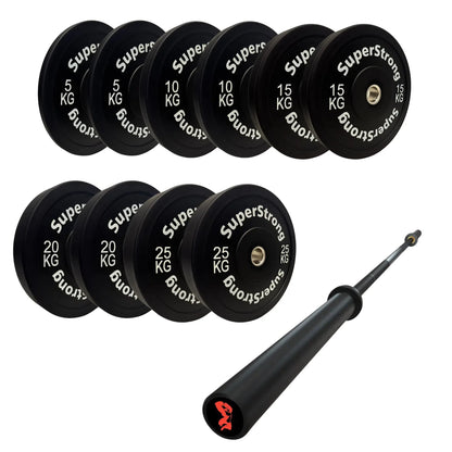 150kg Black Bumper Plate Set with 7FT Olympic Barbell
