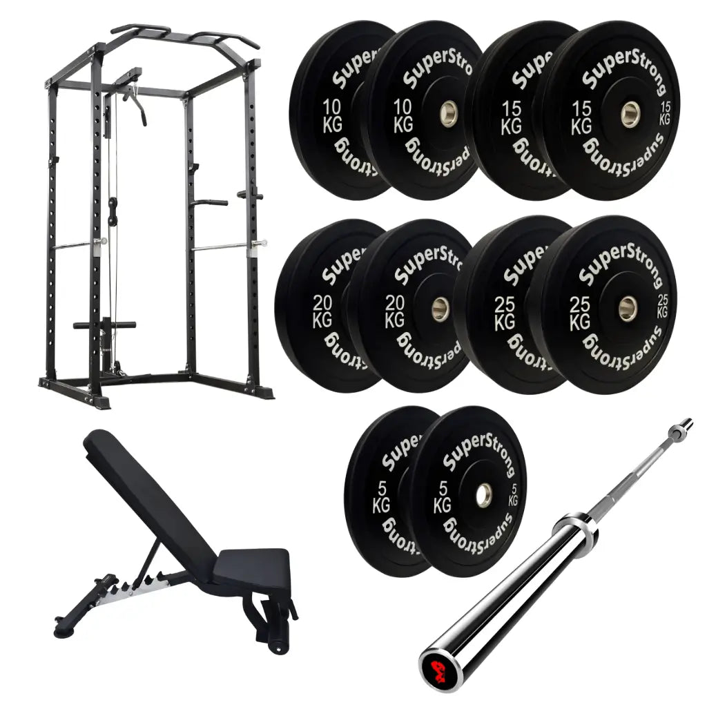 150kg Black Bumper Plate Set with Cable Squat Rack & 7FT Barbell
