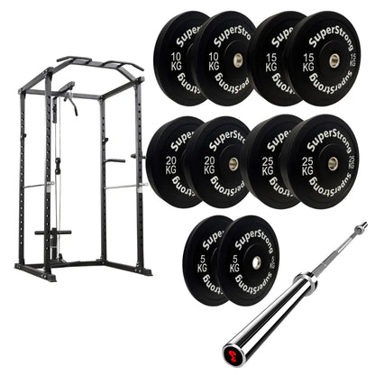 150kg Black Bumper Plate Set with Cable Squat Rack & 7FT Barbell