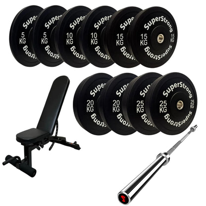 150kg Black Bumper Plate Set with 7FT Olympic Barbell