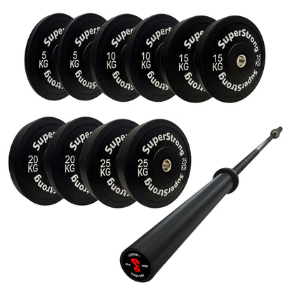 150kg Black Bumper Plate Set with 7FT Olympic Barbell