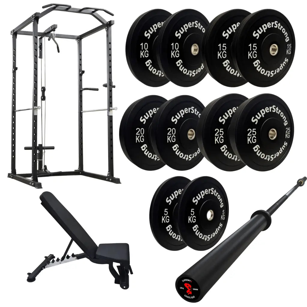 150kg Black Bumper Plate Set with Cable Squat Rack & 7FT Barbell