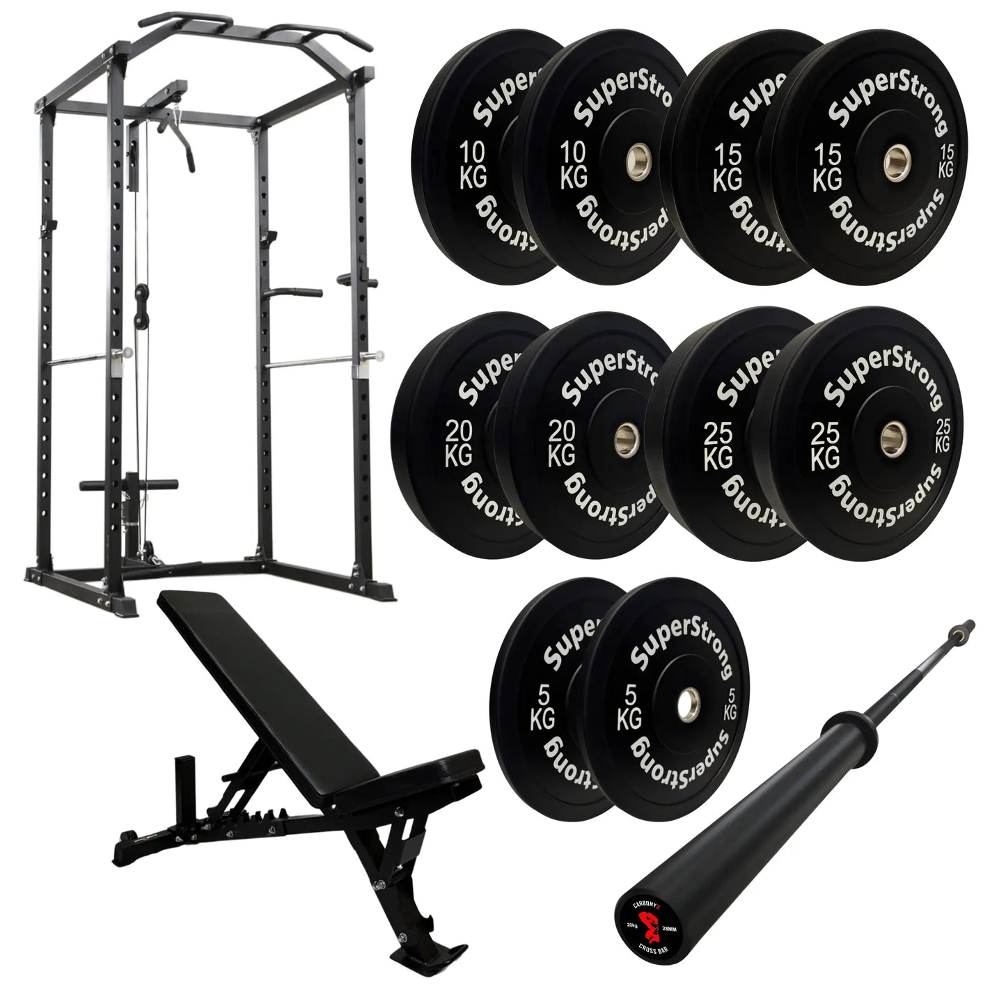 150kg Black Bumper Plate Set with Cable Squat Rack & 7FT Barbell