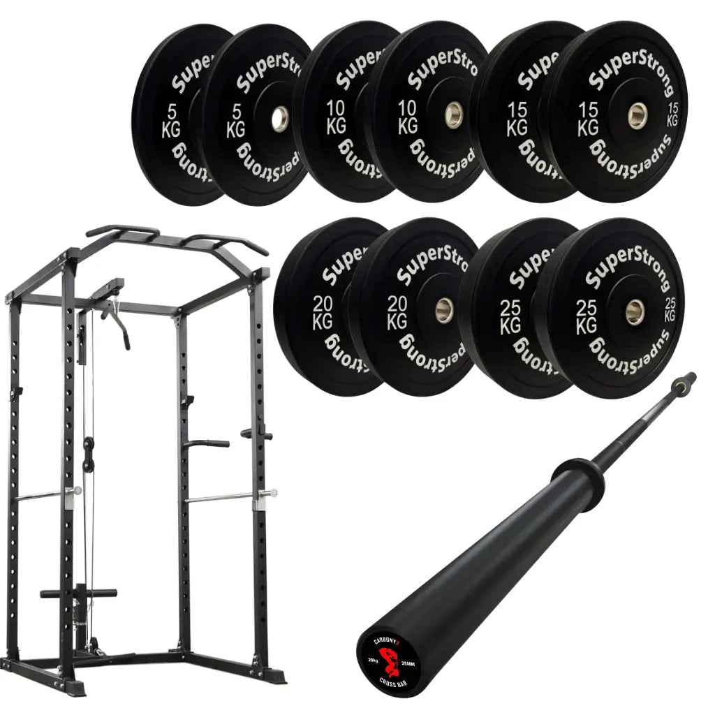 150kg Black Bumper Plate Set with Cable Squat Rack & 7FT Barbell