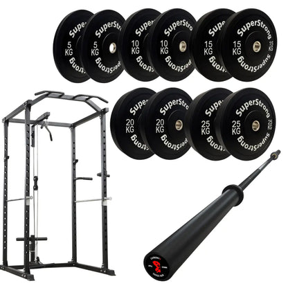 150kg Black Bumper Plate Set with Cable Squat Rack & 7FT Barbell