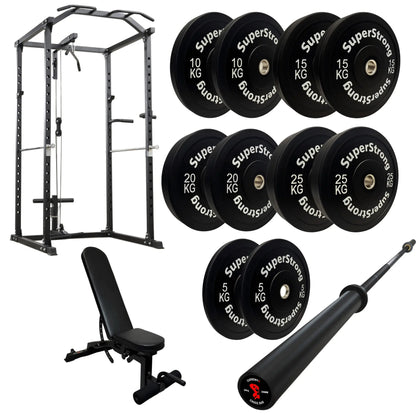 150kg Black Bumper Plate Set with Cable Squat Rack & 7FT Barbell