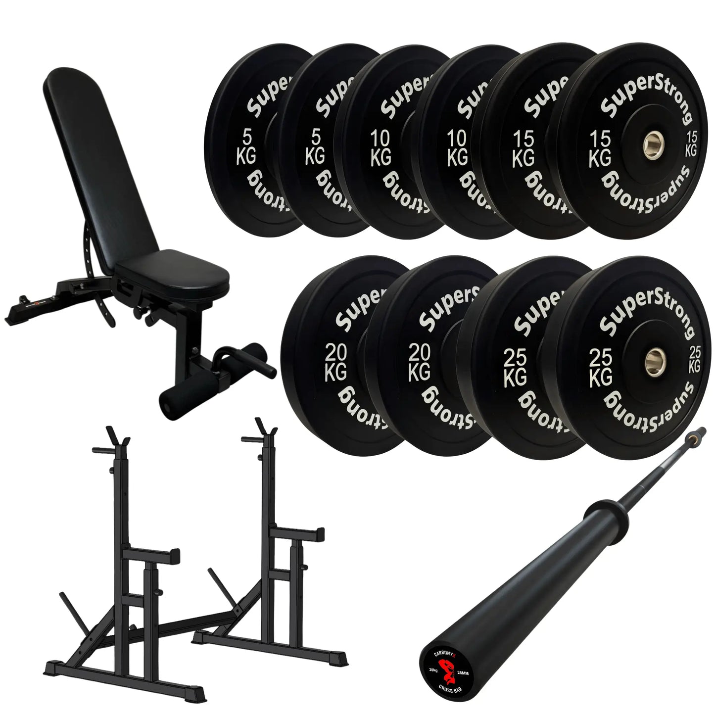 150kg Black Bumper Plate Set with 7FT Olympic Barbell